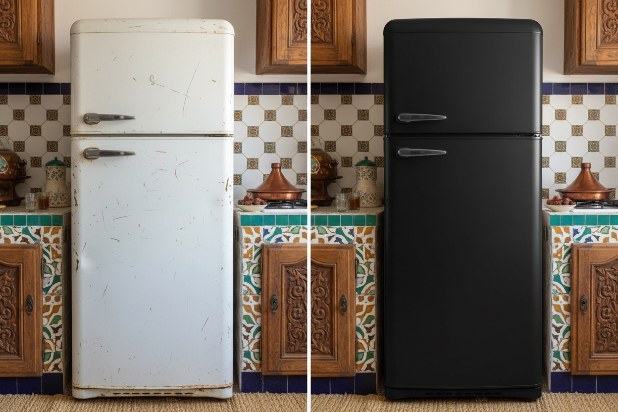 A realistic Algerian kitchen interior. Before-and-after comparison of the same refrigerator.  
Left side: old damaged fridge with rust, scratches, faded paint, dents.  
Right side: the same fridge restored with a matte black renovation film, perfectly clean, smooth, modern, like a new appliance. 
Same position, same angle, same lighting. 
Bright natural daylight, no reflections on the matte surface. No text, no watermark, ultra-realistic 16:9.
