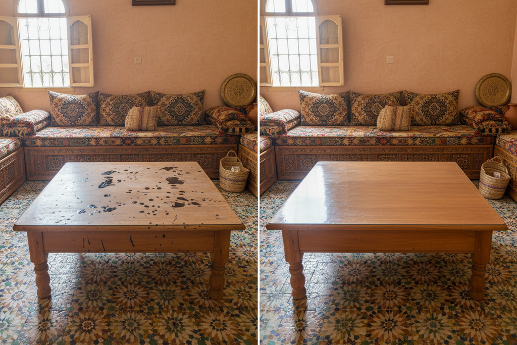 A realistic Algerian living room. Before-and-after comparison of a wooden table. 
Left: scratched, stained wood surface. 
Right: same table after applying a transparent protective film, perfectly clean, uniform, smooth, and slightly glossy. 
Film must remain invisible. Same angle, natural lighting, 16:9, no text.
