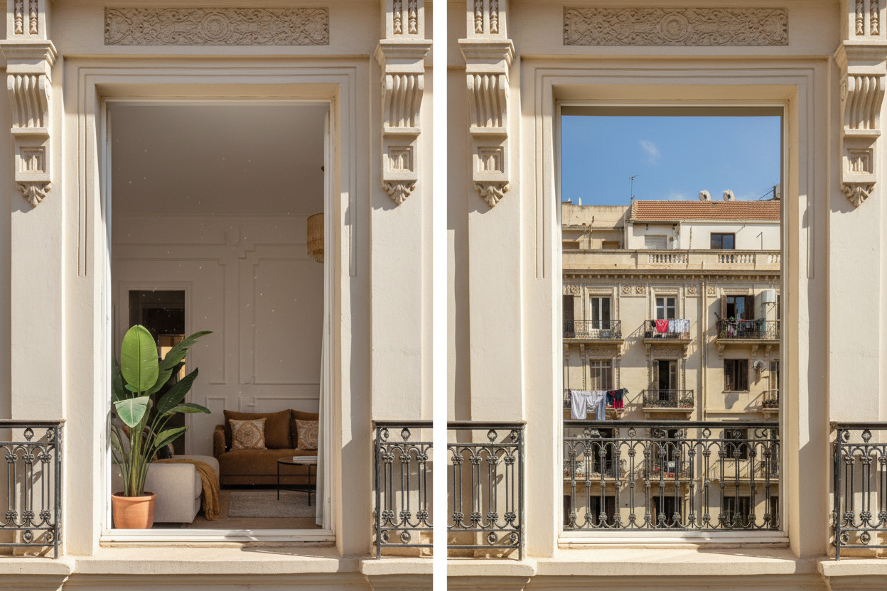 A realistic Algerian-style apartment exterior view. Create a before-and-after comparison on the same window.
Left side: clear normal glass, interior fully visible (modern Algerian living room with sofa, white walls, plant, natural light).
Right side: same window but with reflective one-way mirror film applied; interior completely hidden. Glass shows strong outdoor reflection (Algerian buildings, balconies, bright sky, Mediterranean light).
Ultra-realistic lighting, clean architecture, no text, no watermark.