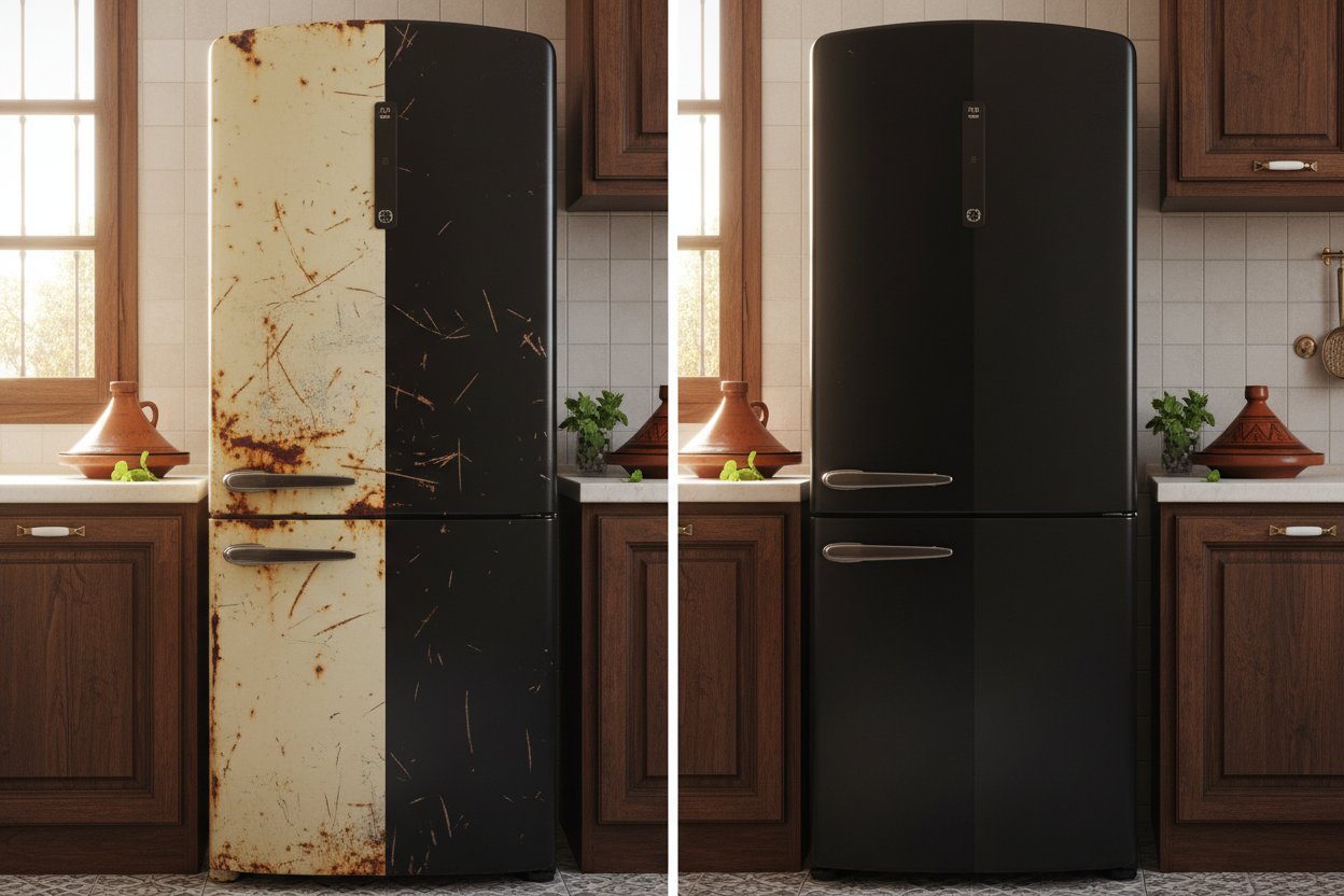 A realistic before-and-after photo of a refrigerator in a modern kitchen — one half showing an old, rusty, scratched surface, and the other half newly covered with sleek black matte adhesive film wrap. Algerian home style kitchen, natural daylight, realistic textures, no text, professional product photography.

💡 Variantes :
– Replace “black matte” with “white glossy” or “silver metallic” to show color options.
– Add “a person smiling while applying the film on the fridge” for lifestyle feel.