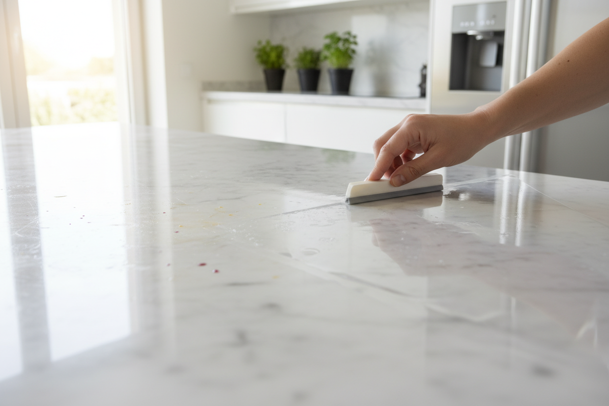 A realistic close-up of a marble kitchen counter with transparent protective adhesive film being applied on it — one side still uncovered showing stains and scratches, and the other side clean and glossy after applying the film. Bright natural light, elegant kitchen environment, e-commerce photo style, no text, professional lighting.